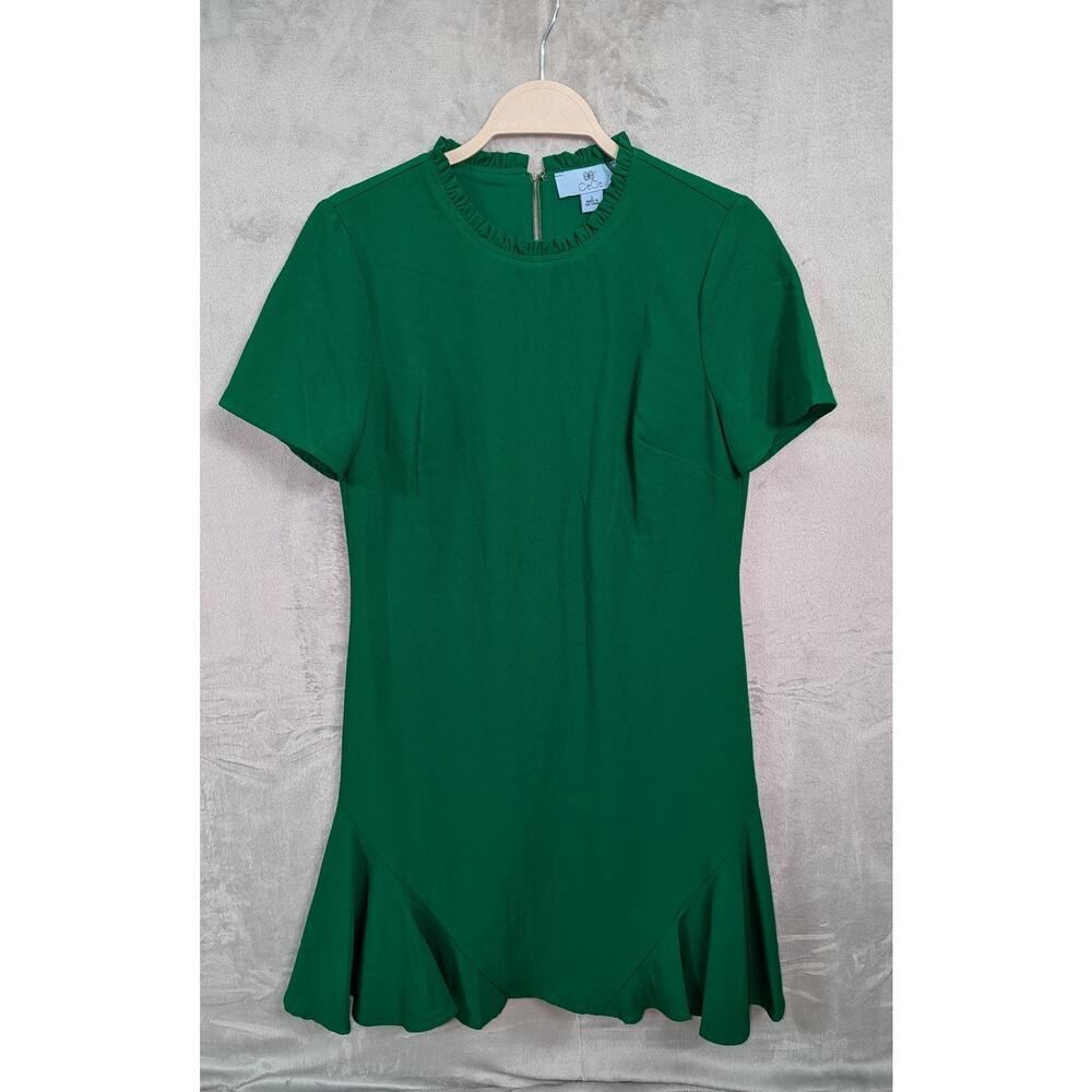CeCe Ruffle Neck Short Sleeve Godet A-Line Dress Women's 2 Lush Green Back Zip